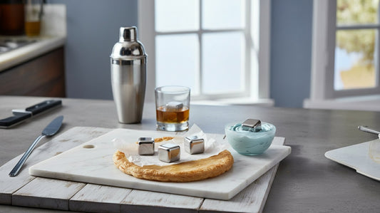 stainless steel ice cubes being used for various food like cooling down the dough or the ganache or the whiskey