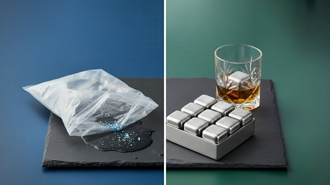 Microplastics on the left side and a set of stainless steel ice cubes on the right