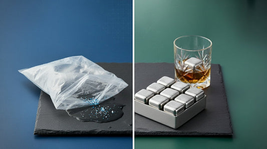 Microplastics on the left side and a set of stainless steel ice cubes on the right